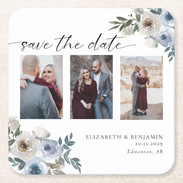 Dusty Blue Photo Wedding Save the Date Elegant  Square Paper Coaster (Front)