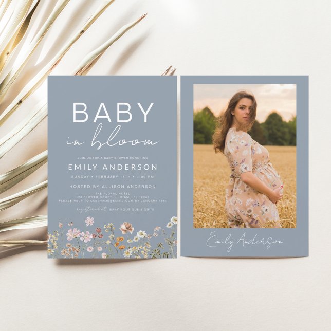 Dusty Blue Photo Wildflower Baby in Bloom Shower Invitation (Creator Uploaded)
