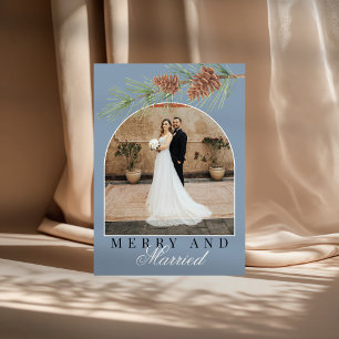 Dusty Blue Pine Merry & Married Photo Christmas Holiday Card