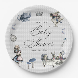 Dusty Blue & Pink Alice In Wonderland Baby Shower Paper Plate