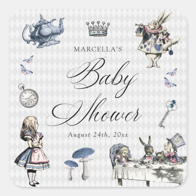 Dusty Blue & Pink Alice In Wonderland Baby Shower Square Sticker (Front)