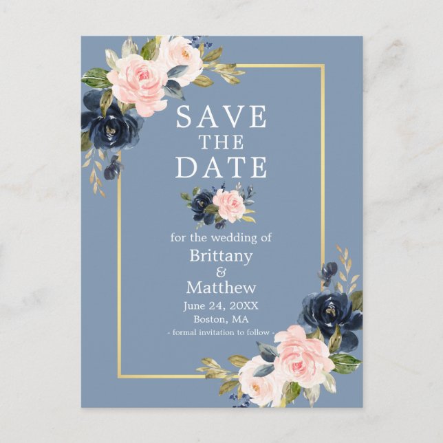 Dusty Blue Pink Blush Floral Gold Save the Date Postcard (Front)
