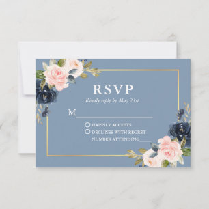 Dusty Blue Pink Blush Floral Gold Wedding RSVP