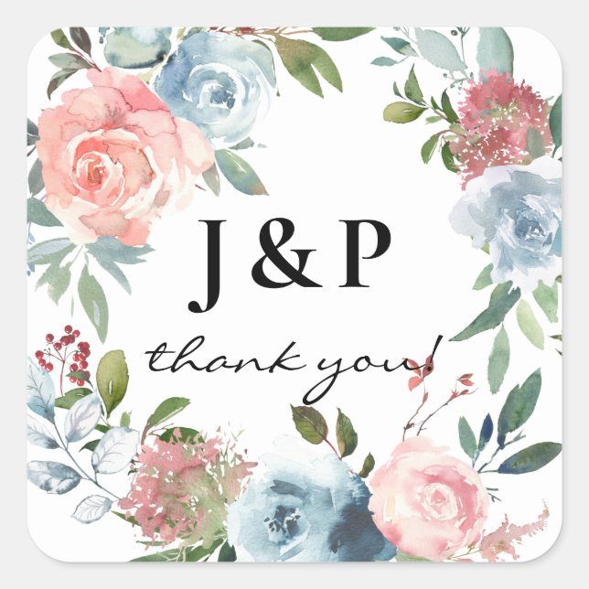 Dusty Blue & Pink Blush Floral Monogram - White  Square Sticker (Front)