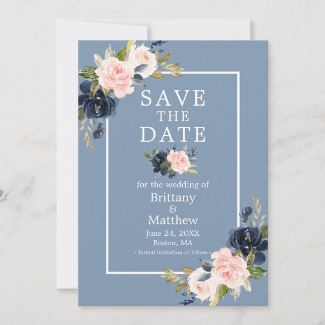Dusty Blue Pink Blush Floral Save the Date (Front)