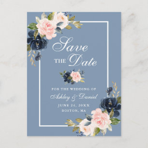 Dusty Blue Pink Blush Floral Save the Date Announcement Postcard