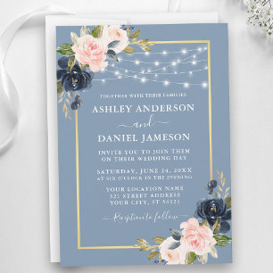 Dusty Blue Pink Blush Floral String Lights Wedding Invitation