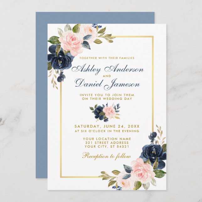 Dusty Blue Pink Blush Floral Wedding Gold Frame Invitation (Front/Back)