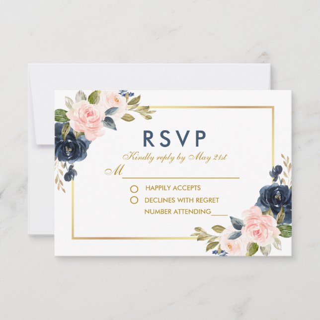 Dusty Blue Pink Blush Floral Wedding Gold RSVP (Front)