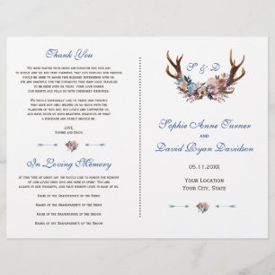 Dusty Blue Pink Floral Antlers Wedding Program