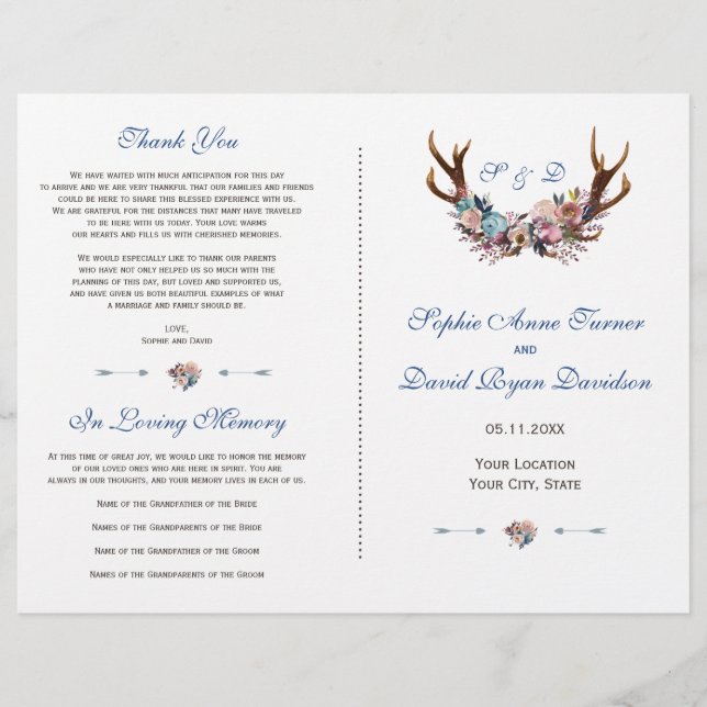 Dusty Blue Pink Floral Antlers Wedding Program (Front)