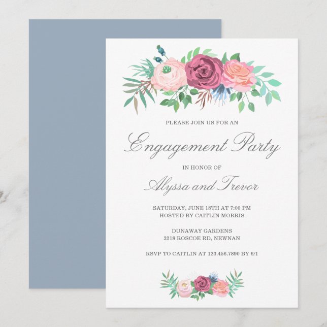 Dusty Blue Pink Floral Elegant Engagement Party Invitation (Front/Back)