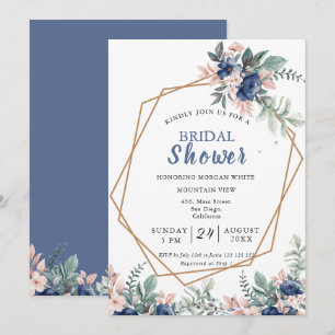 Dusty Blue  Pink Floral Gold Frame Bridal Shower Invitation