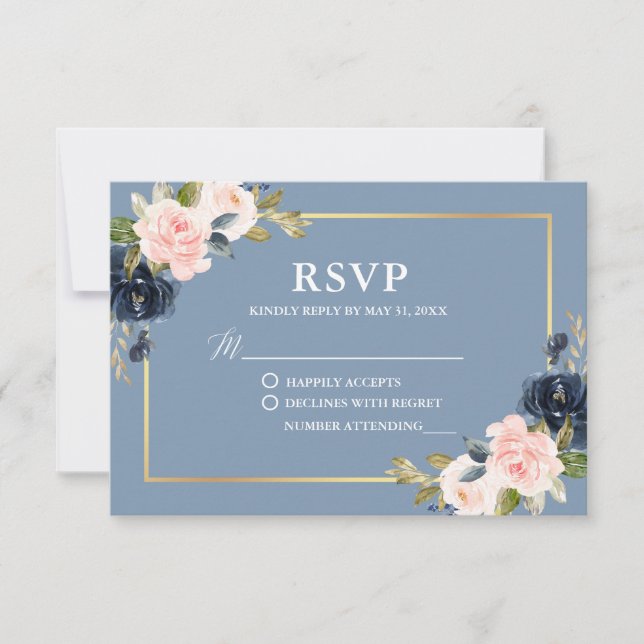 Dusty Blue Pink Floral Gold Frame Wedding RSVP (Front)