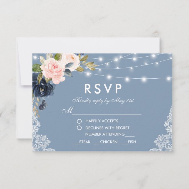 Dusty Blue Pink Floral Lace Lights Wedding Meal RSVP Card (Front)