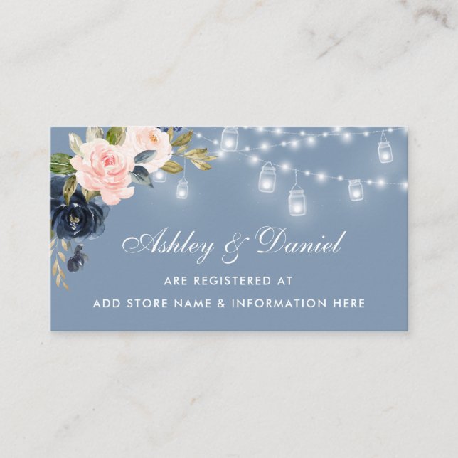 Dusty Blue Pink Floral Lights Wedding Enclosure Card (Front)