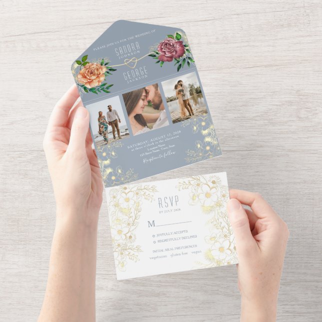 Dusty Blue Pink Floral Photos Wedding Invite (Tearaway)