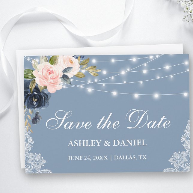 Dusty Blue Pink Floral String Lights Lace Save The Date (Customize to change text size, style or to add more text to back of card.)