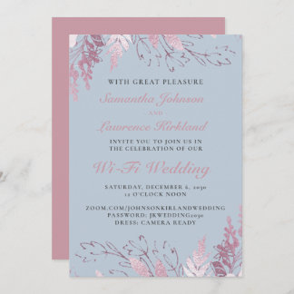 Dusty Blue Pink Floral Virtual Wedding  Invitation