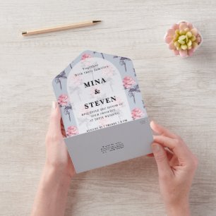 Dusty Blue Pink Floral wedding All In One Invitation