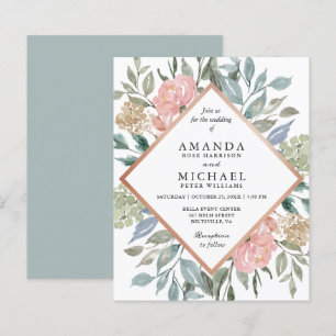 Dusty Blue Pink Floral Wedding Invitation
