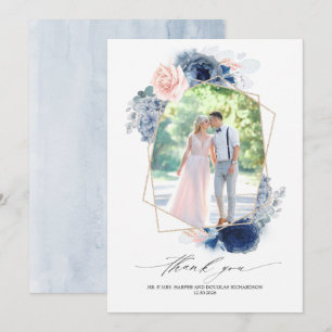 Dusty Blue Pink Floral Wedding Thank You Photo Card