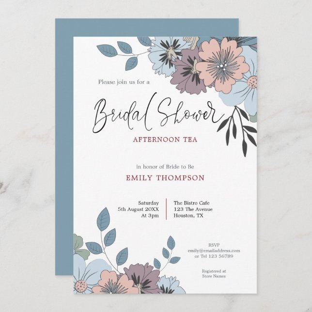 Dusty Blue Pink Florals Script Bridal Shower Tea Invitation (Front/Back)