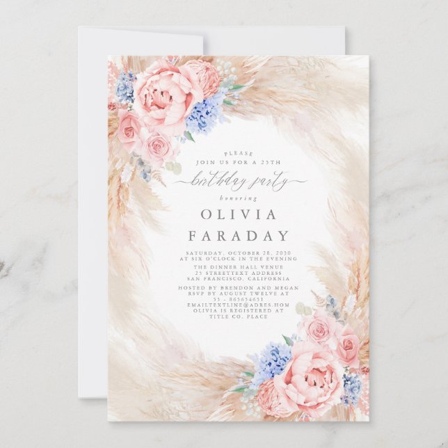 Dusty Blue Pink Flowers Pampas Grass Birthday Invitation (Front)