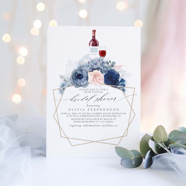 Dusty Blue Pink Flowers Wine Tasting Bridal Shower Invitation (Wine Tasting Bridal Shower Invitations)
