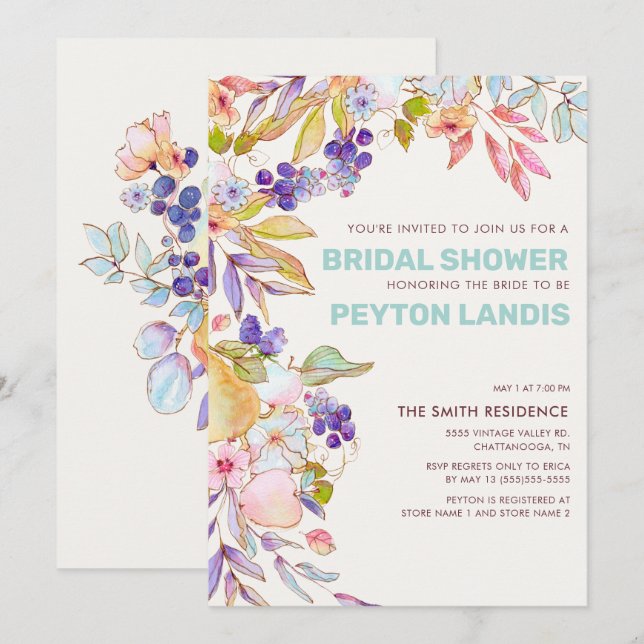 Dusty Blue Pink Fruit Floral Bridal Shower Invitation (Front/Back)