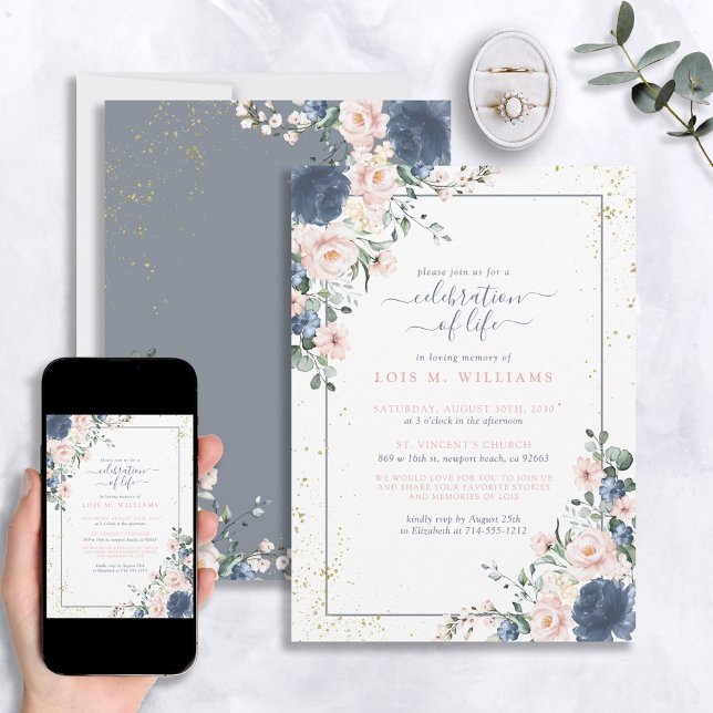 Dusty Blue Pink Gold Floral Celebration of Life Invitation (Creator Uploaded)