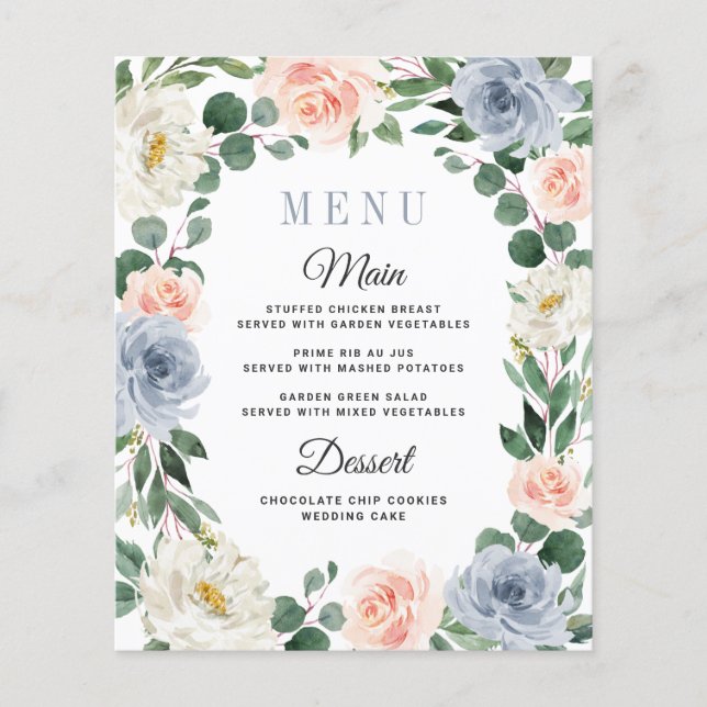 Dusty Blue Pink Peach Floral Wedding Menu Cards (Front)