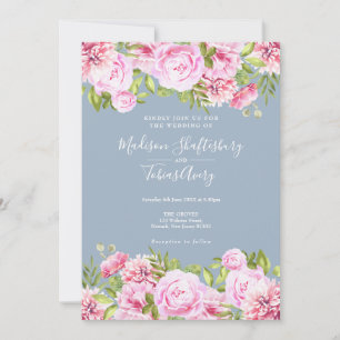 Dusty Blue Pink Peony Greenery Floral Wedding Invitation