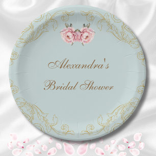 Dusty Blue Pink Peony Vintage Floral Bridal Shower Paper Plate
