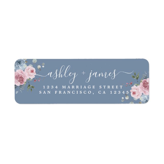 Dusty Blue Pink Rose Return Address Label (Devant)
