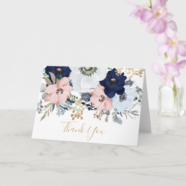Dusty Blue & Pink Rose Thank You Card (Orchid)