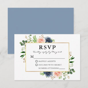 Dusty Blue Pink Watercolor Roses Greenery Wedding RSVP Card