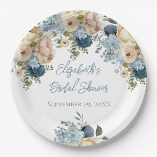 Dusty Blue Pink White Floral Bridal Shower Paper Plate