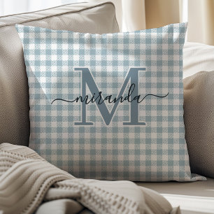 Dusty Blue Plaid Throw Pillow with Monogram