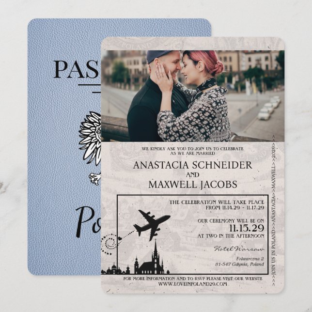 Dusty Blue Poland Passport Wedding Invitation (Front/Back)