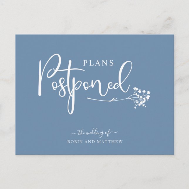 Dusty Blue Postponement Wedding Announcement Postcard (Front)