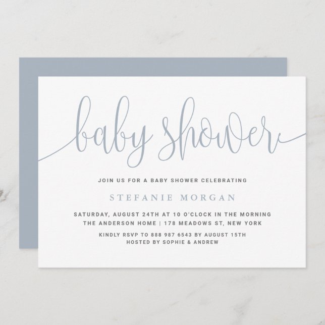 Dusty Blue Pretty Calligraphy Baby Shower Invitation (Front/Back)