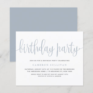Dusty Blue Pretty Calligraphy Birthday Invitation