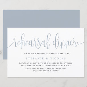 Dusty Blue Pretty Calligraphy Rehearsal Dinner