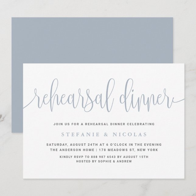 Dusty Blue Pretty Calligraphy Rehearsal Dinner Invitation (Front/Back)