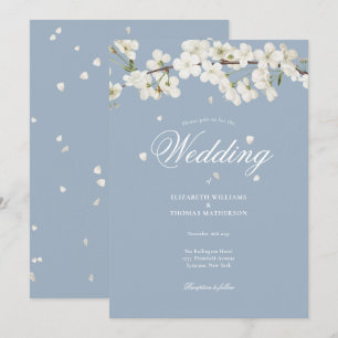 Dusty Blue Pretty Floral  White Blossom Wedding Invitation