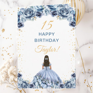 Dusty Blue Princess Floral Happy Birthday Card