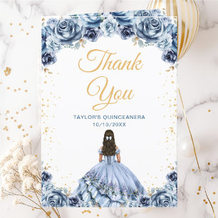 Dusty Blue Princess Floral Quinceañera Thank You Card