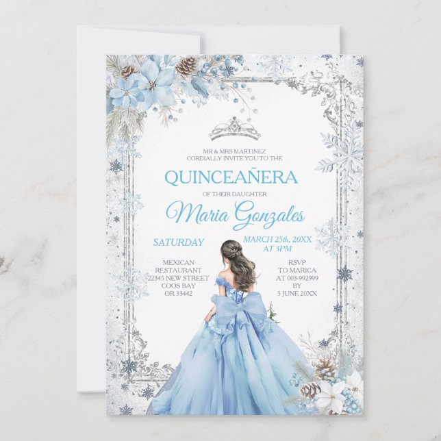 Dusty Blue Princess Floral Winter Snow Quinceañera Invitation (Front)