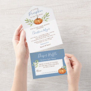 Dusty Blue Pumpkin Baby Shower & Diaper Raffle All In One Invitation